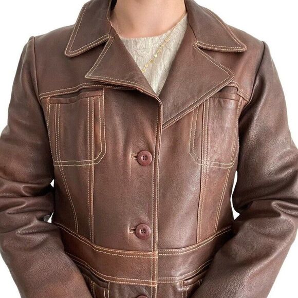 Vintage 90s Womens Wilsons Leather Brown Retro Mid Length Mid Mod Jacket Sz M - Picture 2 of 11